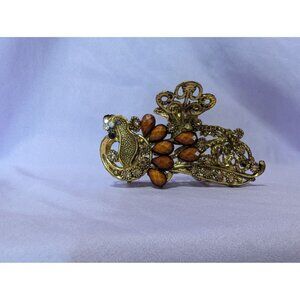Vintage Gold & Amber Dragon Hair Claw Clip Rhinestones & Intricate Detailing
